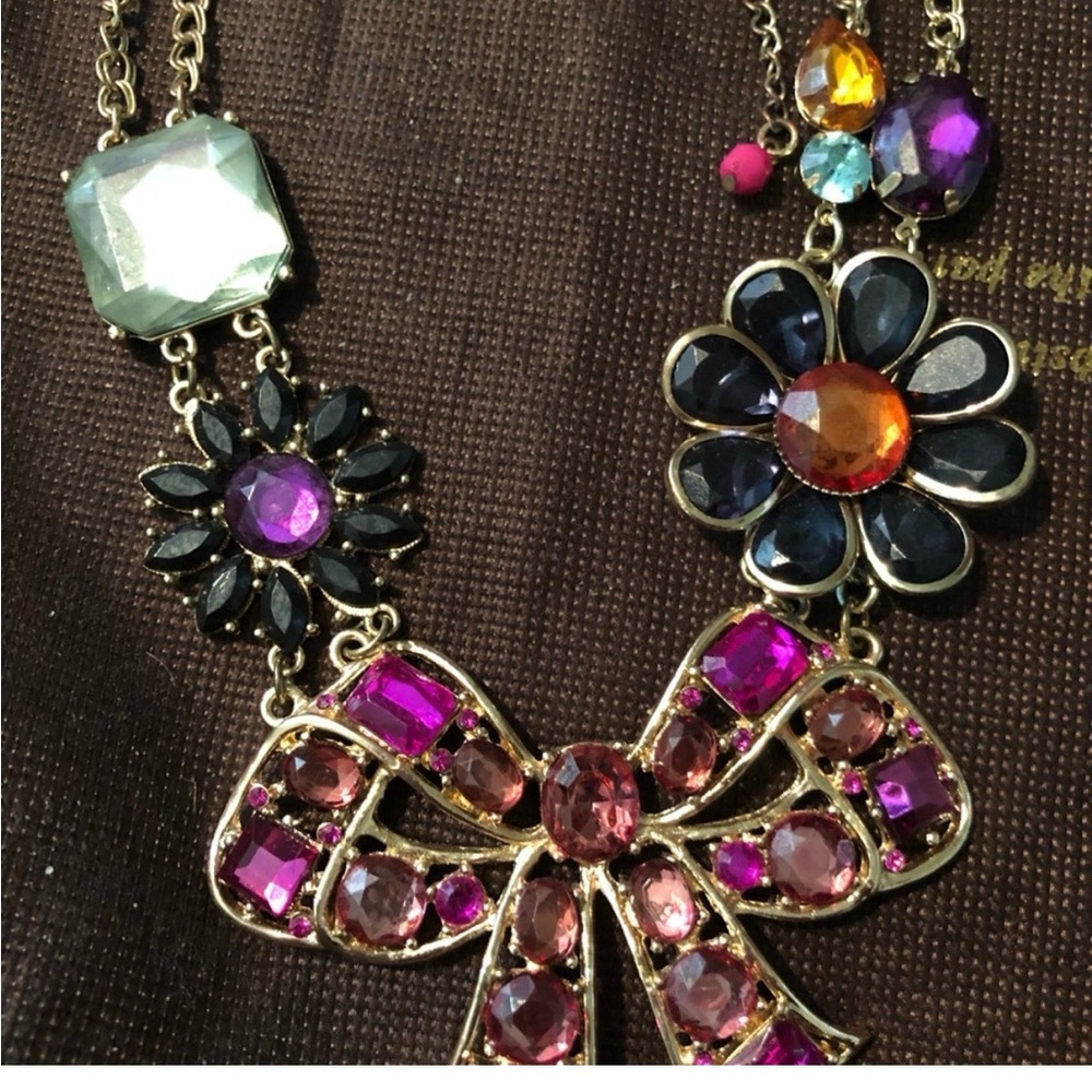 Vintage colorful Glitzy  rhinestone bow necklace The Loft Bold Beautiful